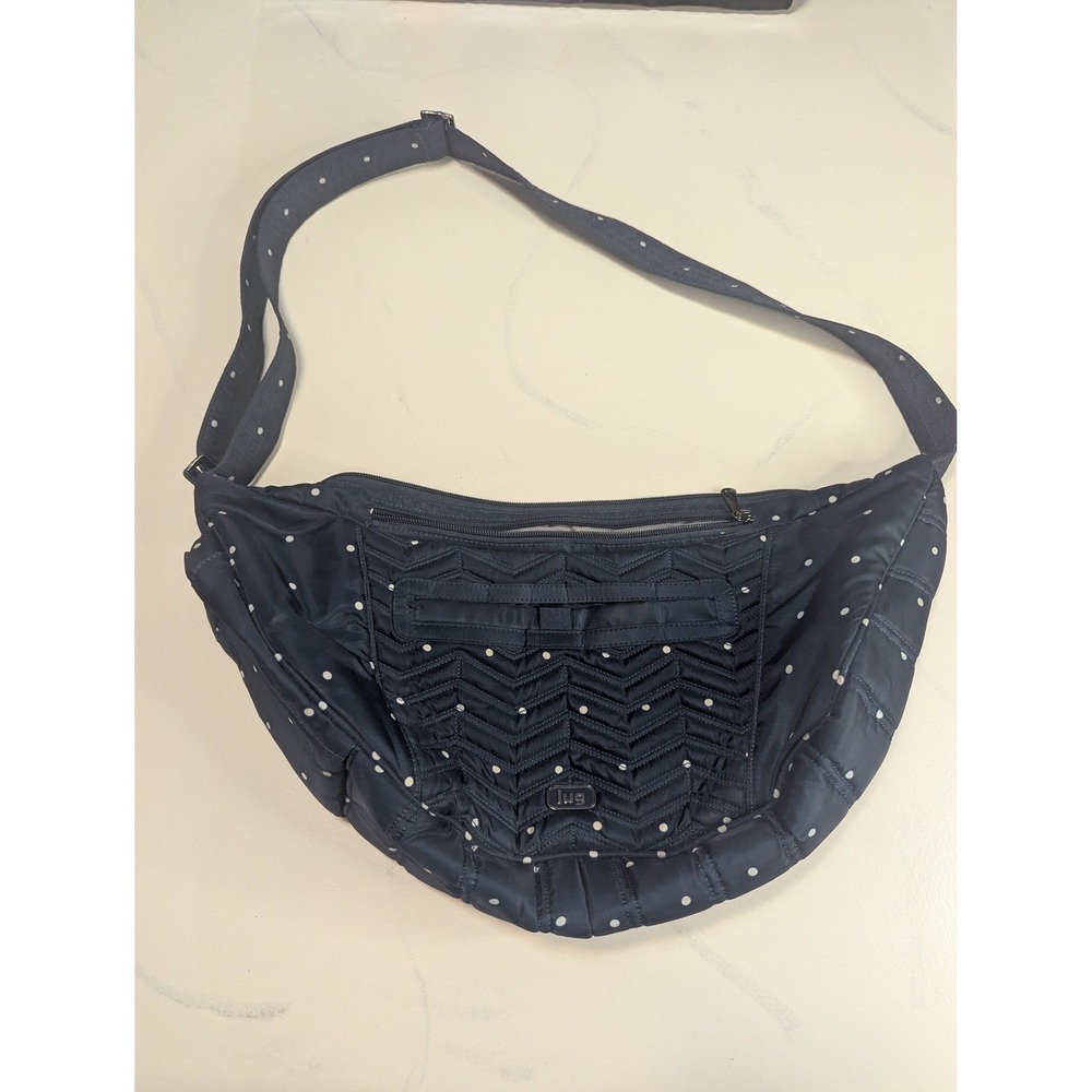 Lug Boomerang Crossbody Bag Navy Blue Polka Dot Quilted Nylon Crescent Purse